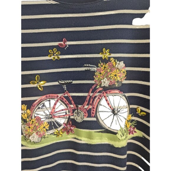 Karen Scott Striped Cotton Tee With Floral Bike Embroidery Navy/White Size M - Picture 3 of 8